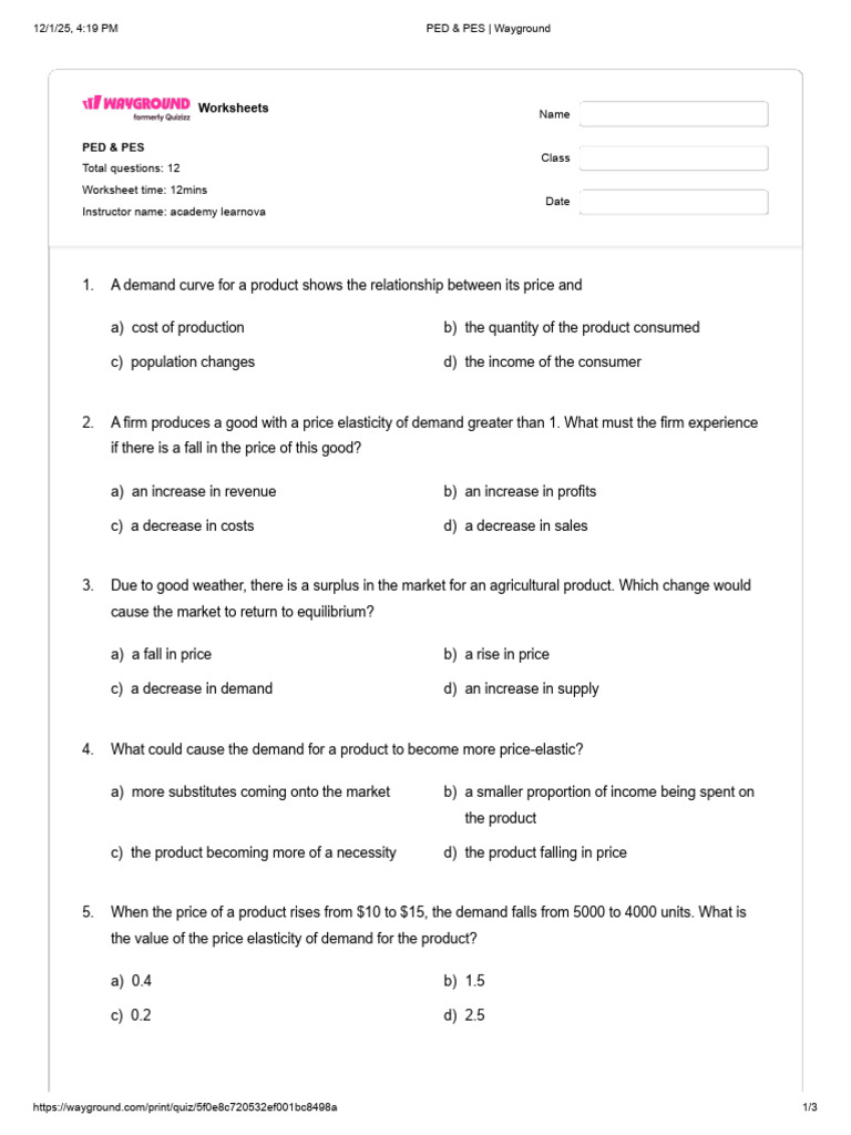 PED & PES Worksheets for Economics | PDF | Demand | Price Elasticity Of ...