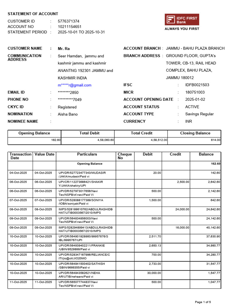 October 2025 Account Statement Summary | PDF | Banking | Financial Services