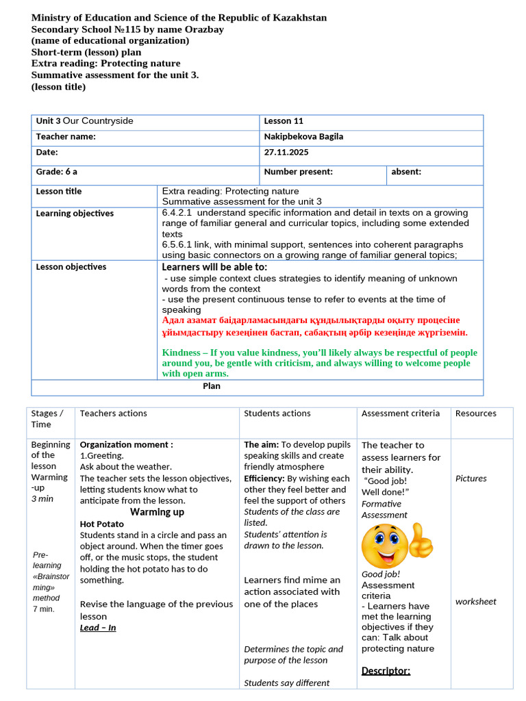 Lesson Plan: Protecting Nature for Grade 6 | PDF | Learning | Teachers