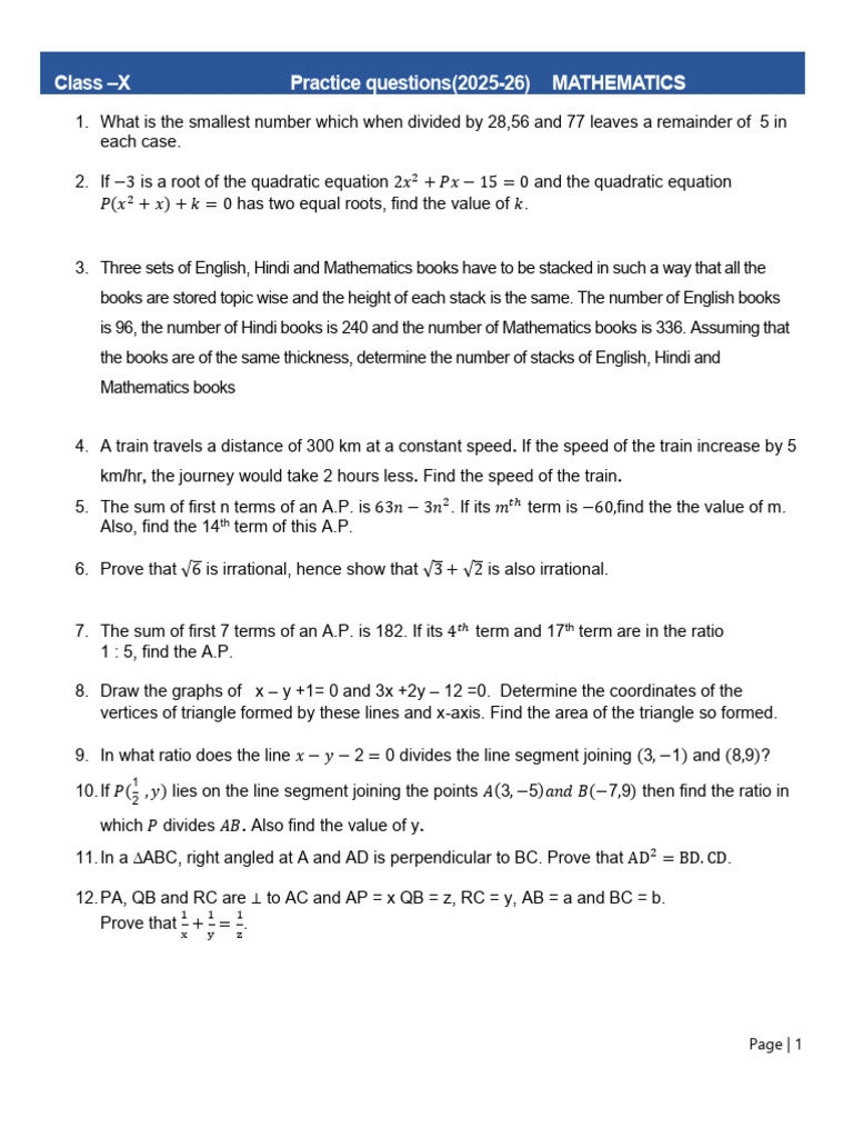 Practice Questions CBSE 25-26 | PDF | Circle | Area