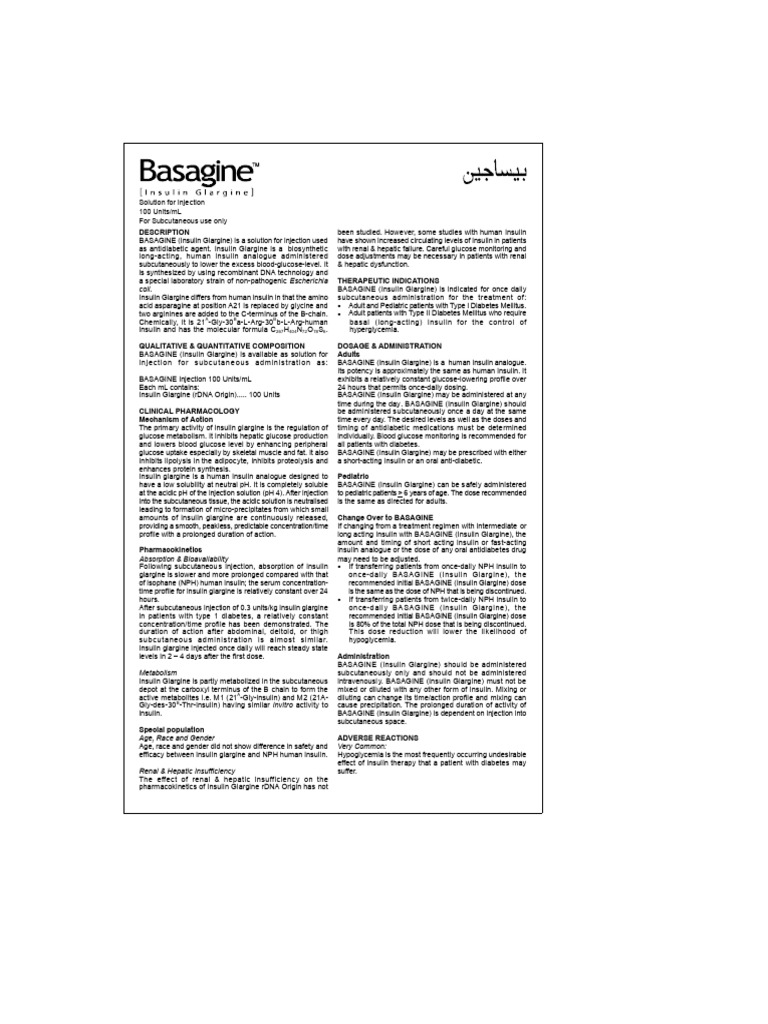 BASAGINE: Insulin Glargine Overview | PDF | Hypoglycemia | Insulin