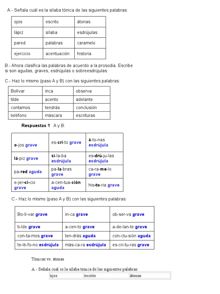 Ejercicios de Sílaba Tónica y Acentuación | PDF | Voz humana | Onomástica