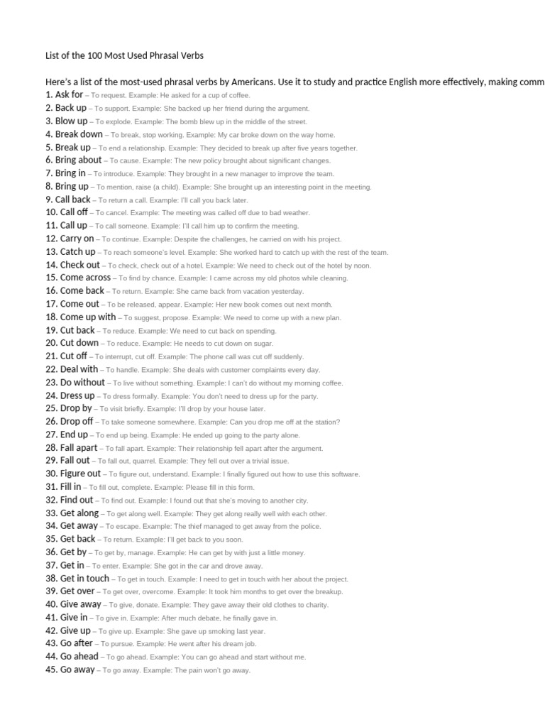 Top 100 Common Phrasal Verbs List | PDF