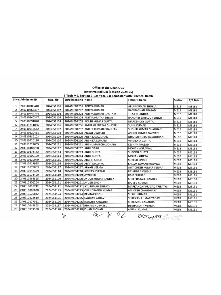Mechanical Engineering Section B 1st Year Students Roll List | PDF