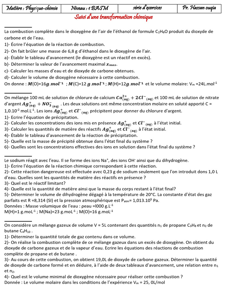 Exercices de chimie sur réactions et calculs | PDF | Stœchiométrie | La ...