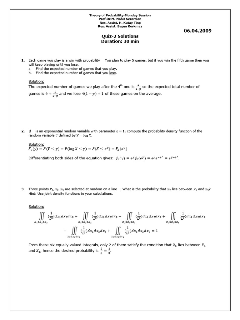 Quiz2 Monday 2009 Solutions | PDF | Expected Value | Probability ...
