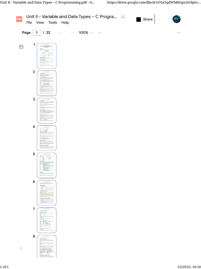 Unit II - Variable and Data Types – C Programming.pdf - Google Drive | PDF