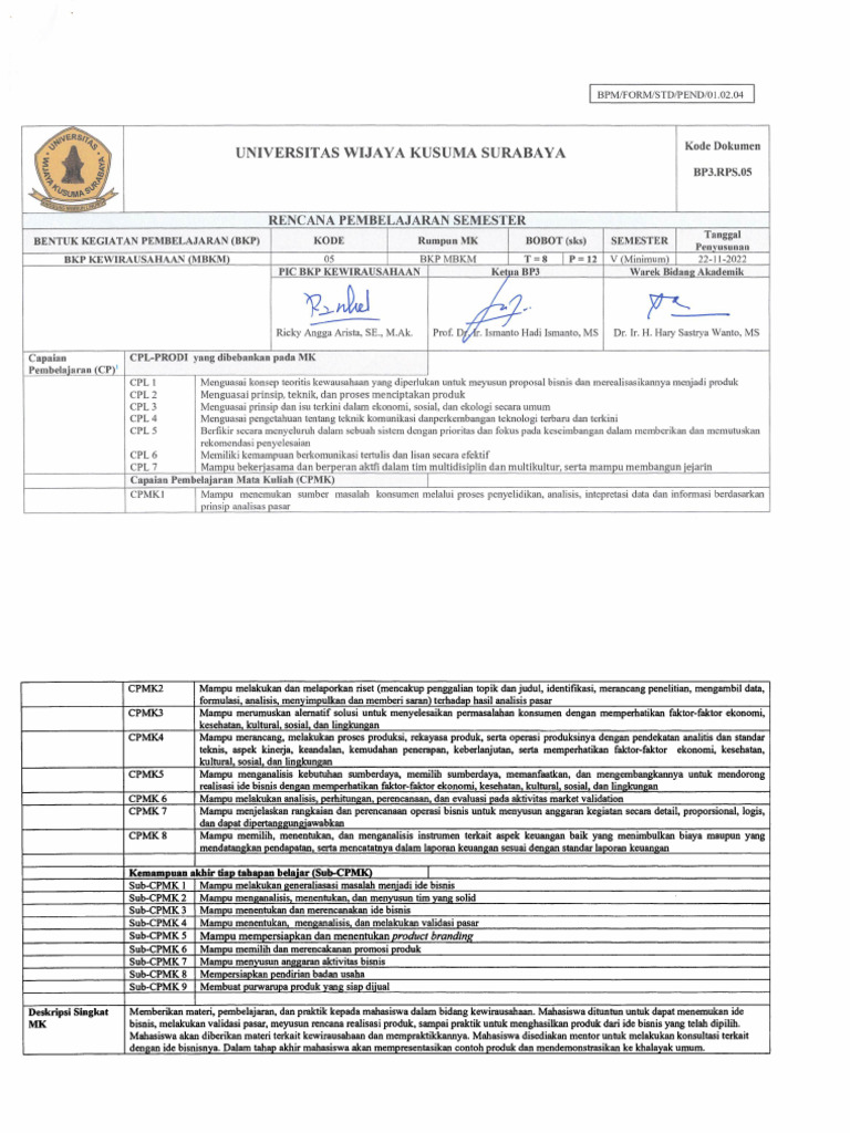 Contoh Rps Kewirausahaan | PDF