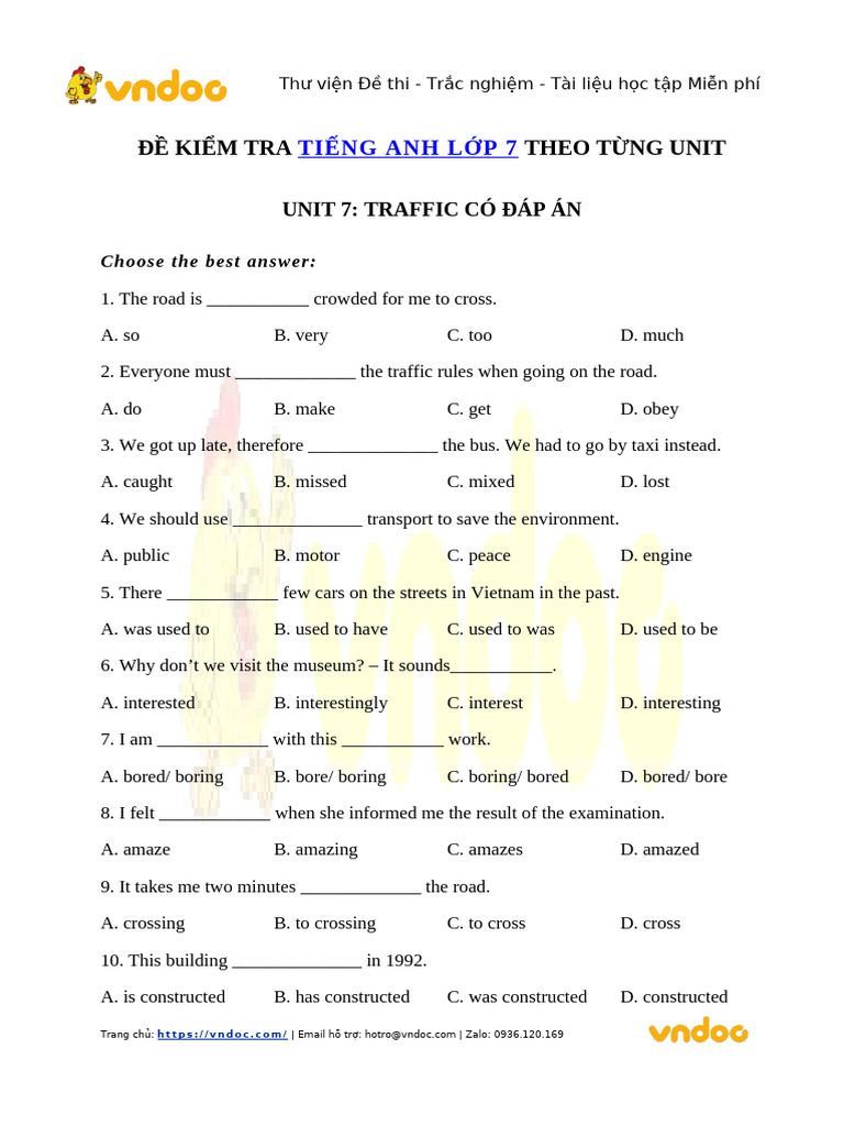 Đề Thi Tiếng Anh Lớp 7 Miễn Phí | PDF | Traffic Light