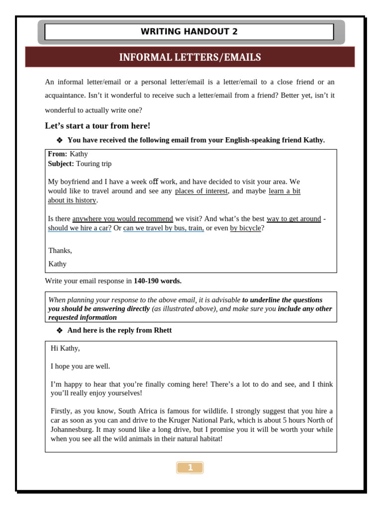 Writing Handout 2. Informal LettersEmails | PDF