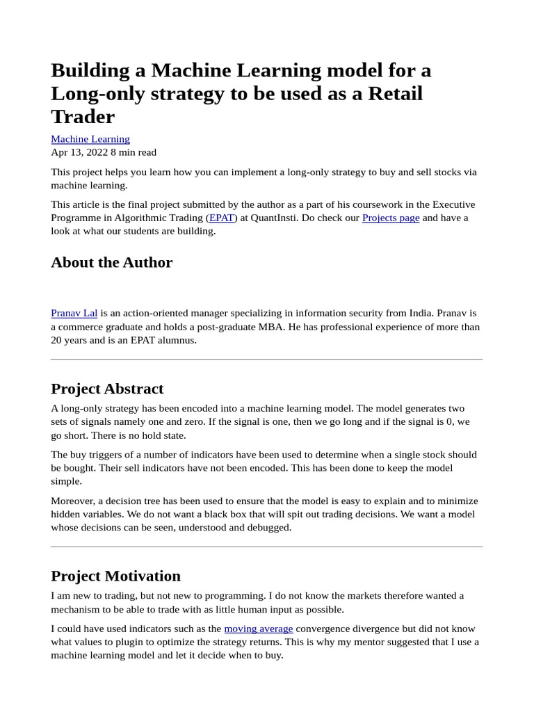 Machine Learning for Long-Only Trading | PDF | Machine Learning ...