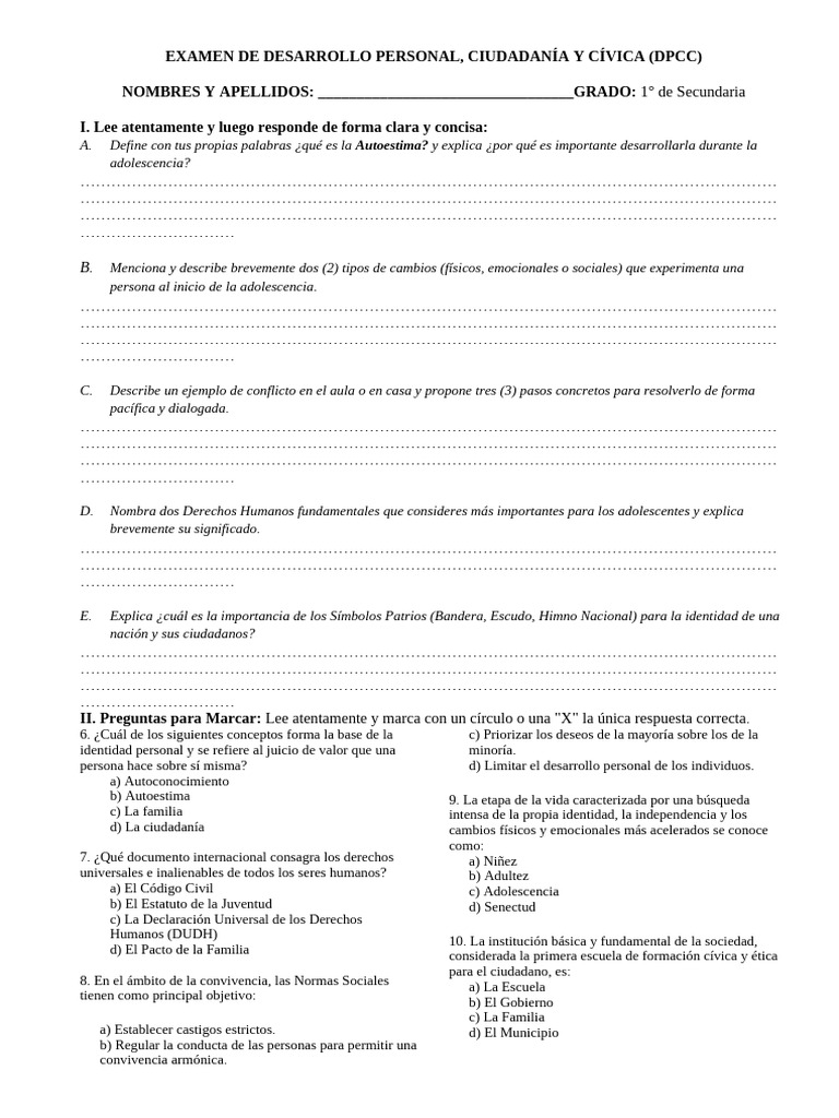 Examen de Desarrollo Personal y Ciudadanía | PDF | Autoestima | Ciudadanía