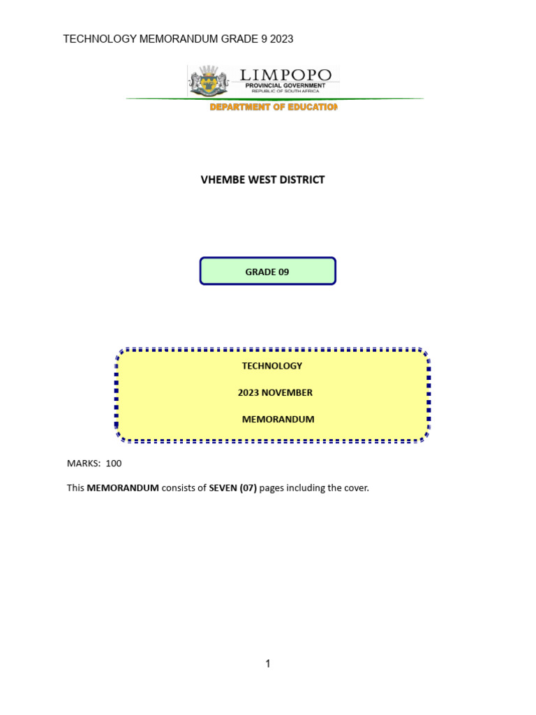 2023 Grade 9 Technology Nov Memo | PDF | Electric Current | Electrical ...