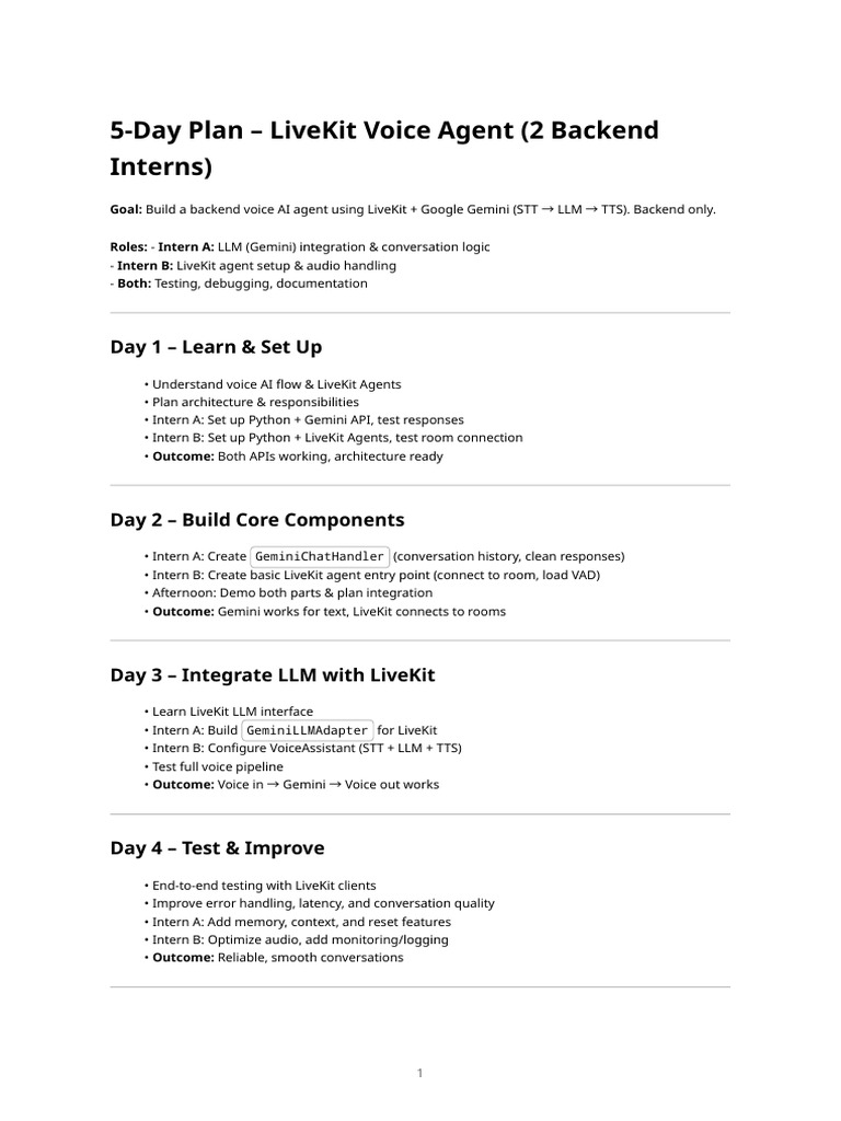 5-Day Voice AI Agent Development Plan | PDF