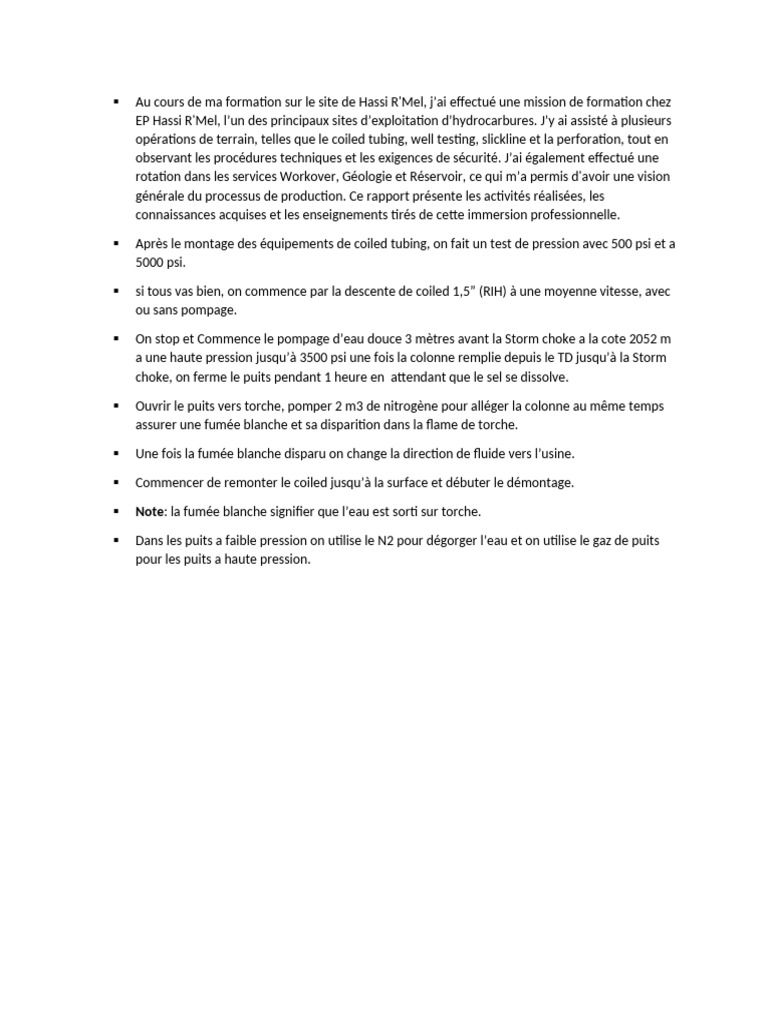 Formation sur les opérations pétrolières à Hassi R'Mel | PDF