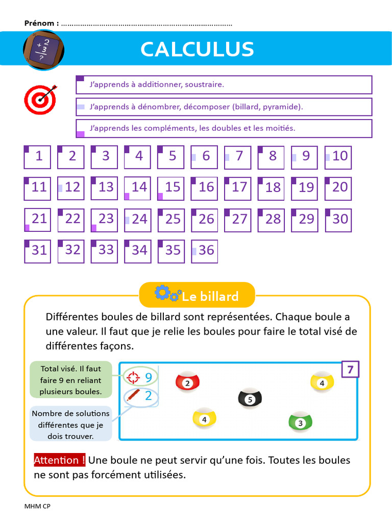 Activités de calcul pour CP avec billard | PDF
