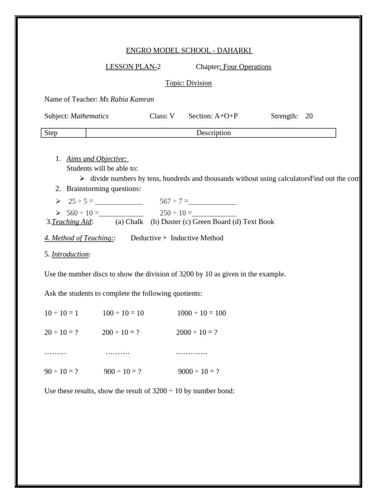 Division Lesson Plan for Class V | PDF | Numbers | Division (Mathematics)