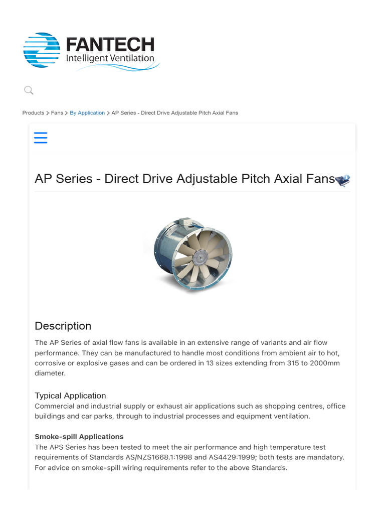 AP Series - Direct Drive Adjustable Pitch Axial Fans - Fantech | PDF