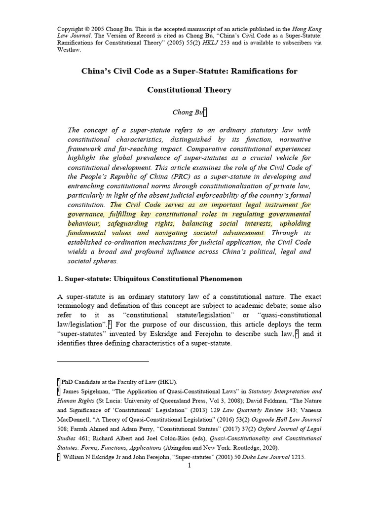 The Chinese Civil Code As A Super-Statute - Ramifications For ...