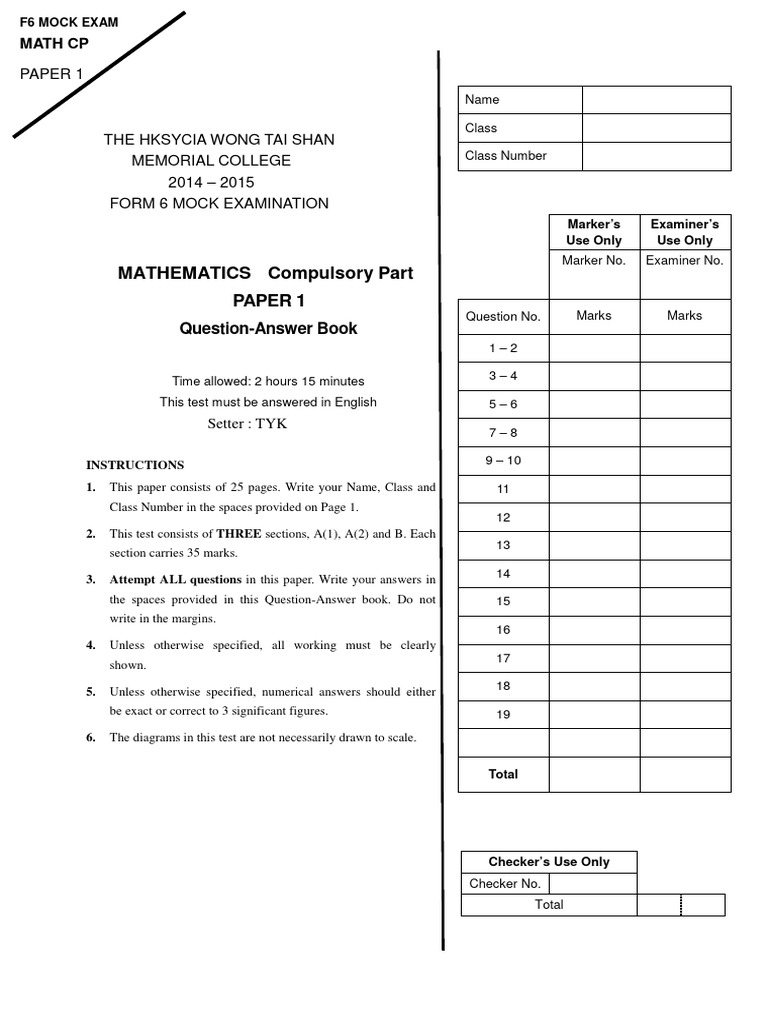 F6 Mock Exam Mathematics Paper 1 | PDF | Mathematics