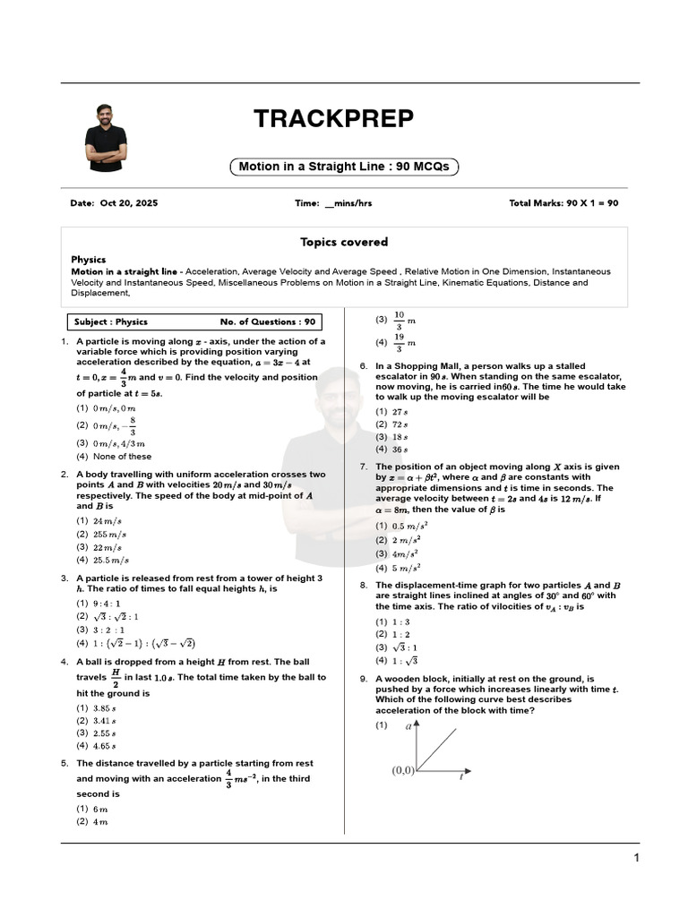 90 MCQs on Motion in a Straight Line | PDF | Kinematics | Acceleration