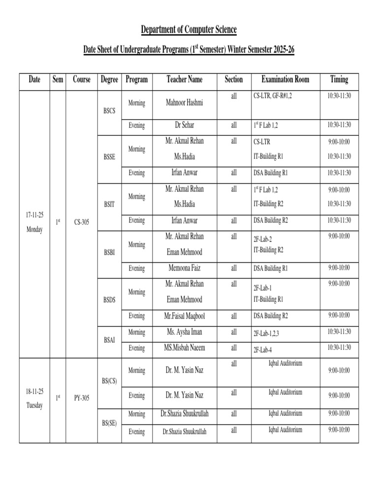 UAF Computer Science Exam Schedule 2025-26 | PDF