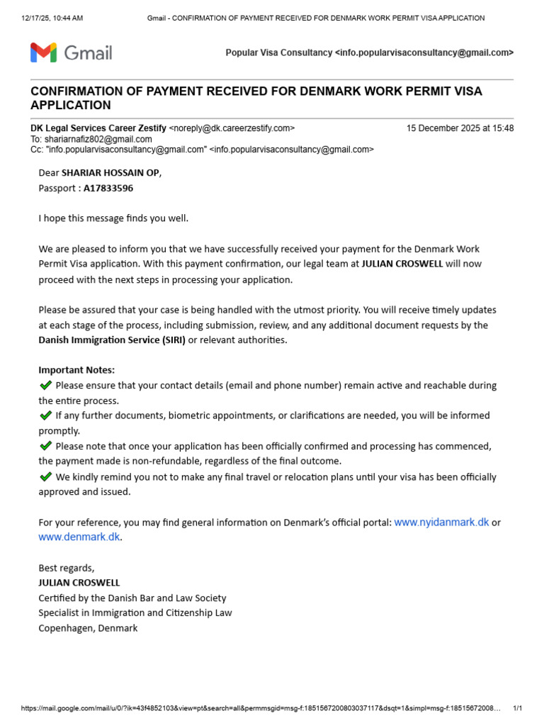 Denmark Work Permit Visa Payment Confirmed | PDF