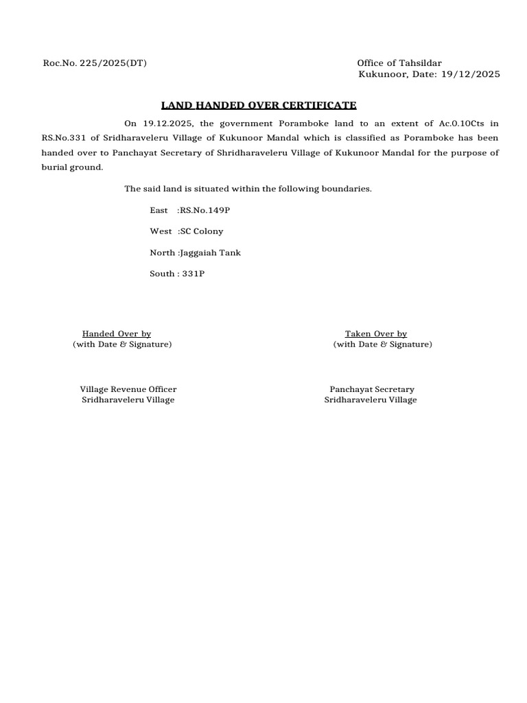 Land Handed Over Certificate Date | PDF