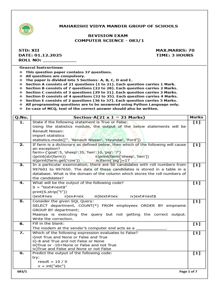 1-12-Xii Csc Rev Ex Qp | PDF | Databases | Data Management Software