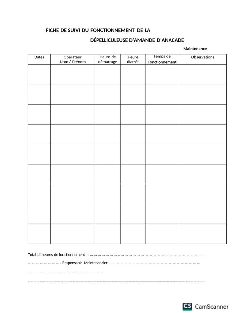 Fiche de Suivi Du Fonctionnement de La Dépelliculeuse D'amande D ...
