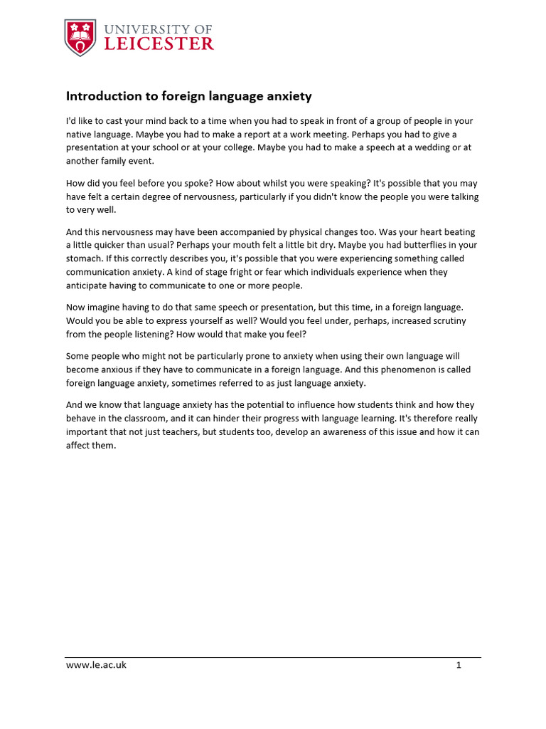 Understanding Foreign Language Anxiety | PDF