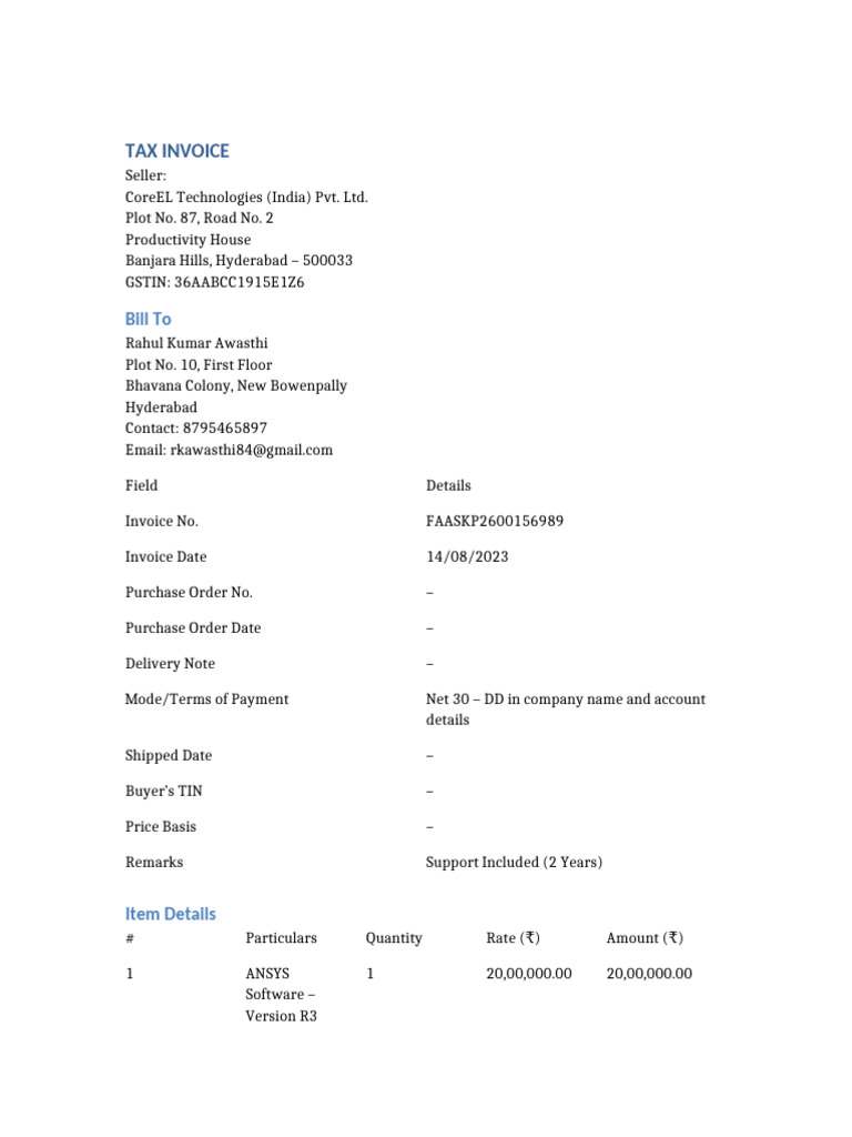 Tax Invoice for ANSYS Software Purchase | PDF