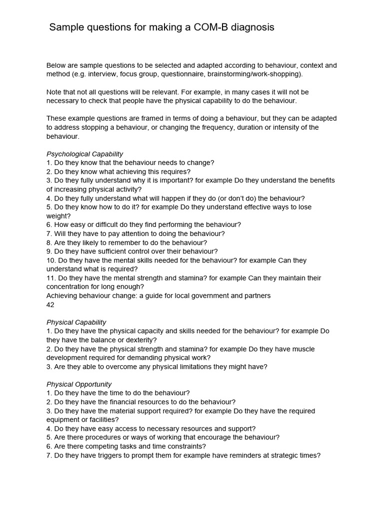 COM-B Diagnosis Sample Questions Guide | PDF | Behavior | Psychology