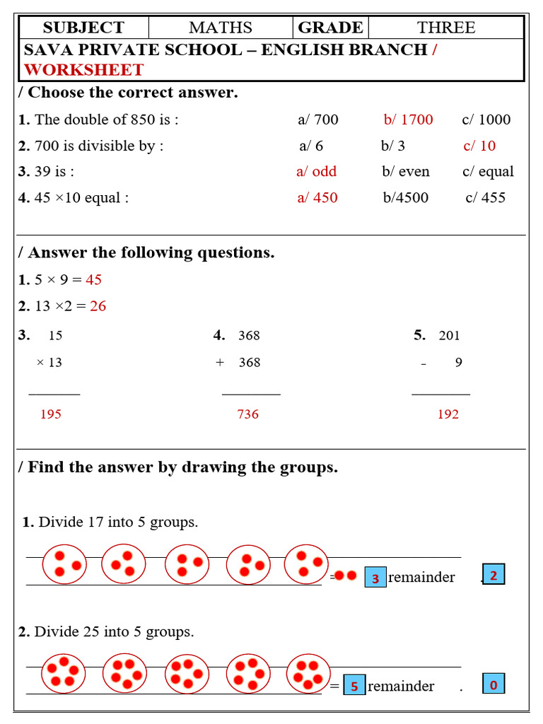 Grade 3 Maths Worksheet Answers | PDF