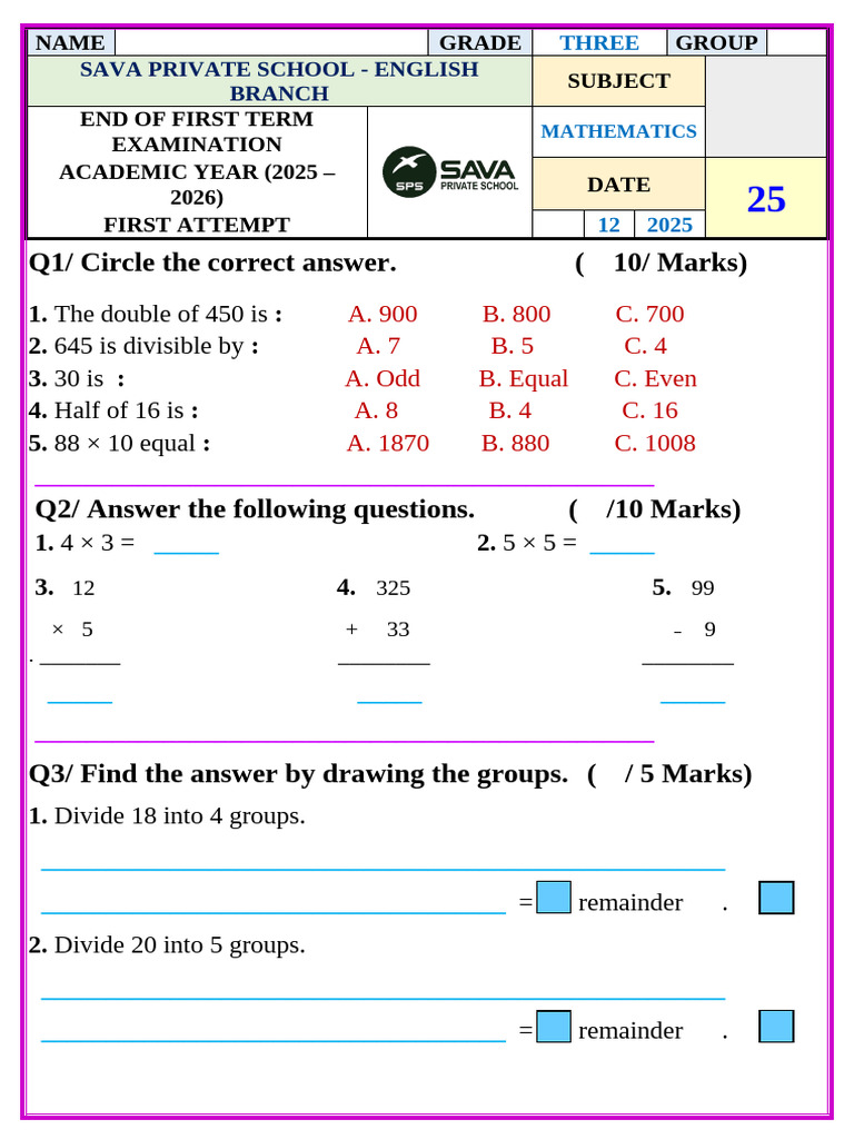Grade 3 Mathematics Exam 2025-2026 | PDF