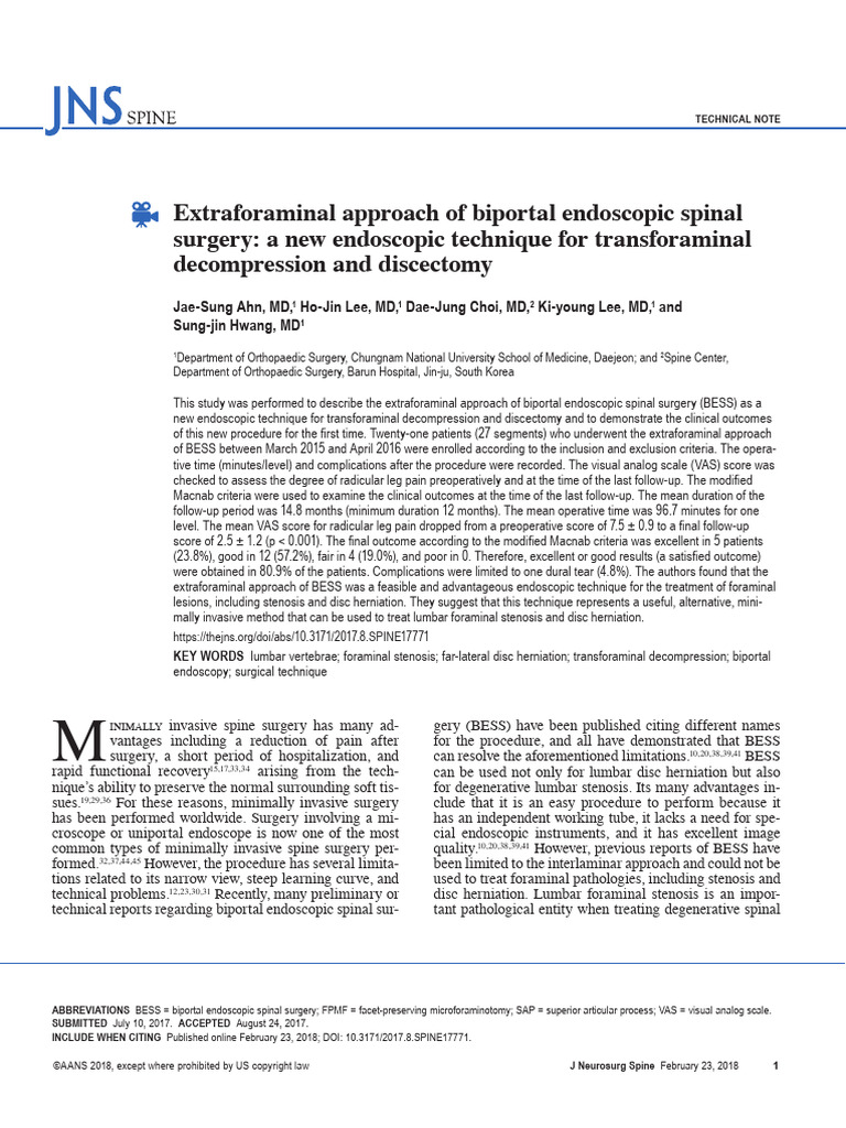 Extraforaminal Approach of Biportal Endoscopic Spinal | PDF | Medical ...