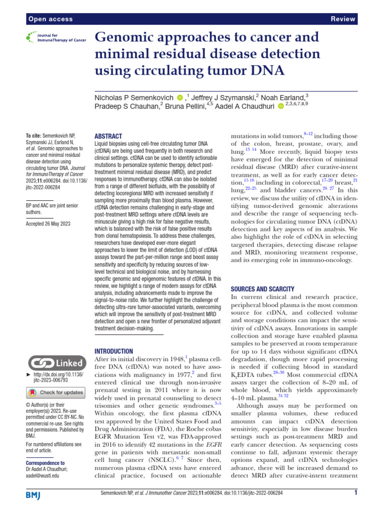 Genomic Approaches To Cancer and MRD Detection - Review - 2023 | PDF ...