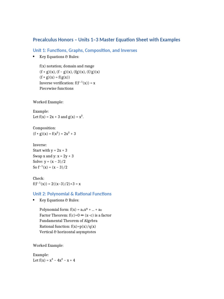 Precalculus Honors Equation Sheet | PDF