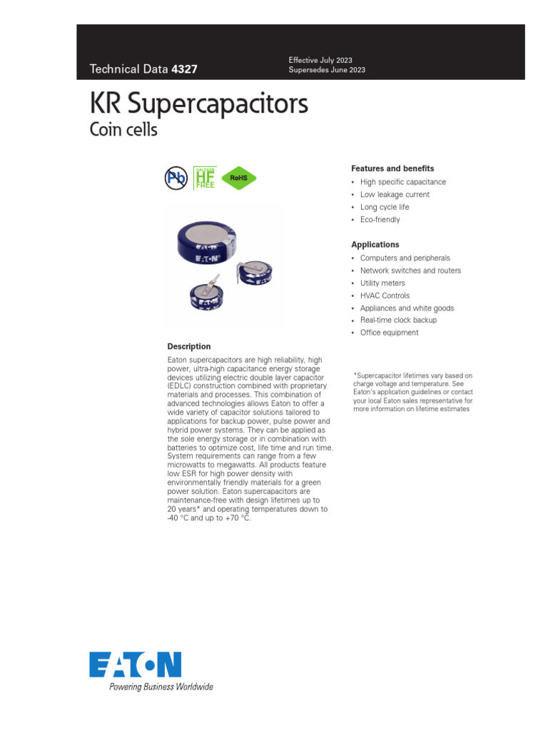 Eaton KR Supercapacitors Technical Data | PDF | Capacitor | Electricity