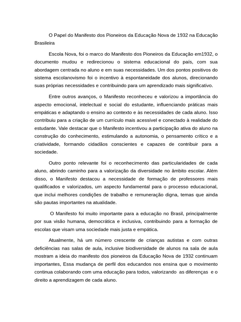 Impacto do Manifesto de 1932 na Educação | PDF | Aprendizado