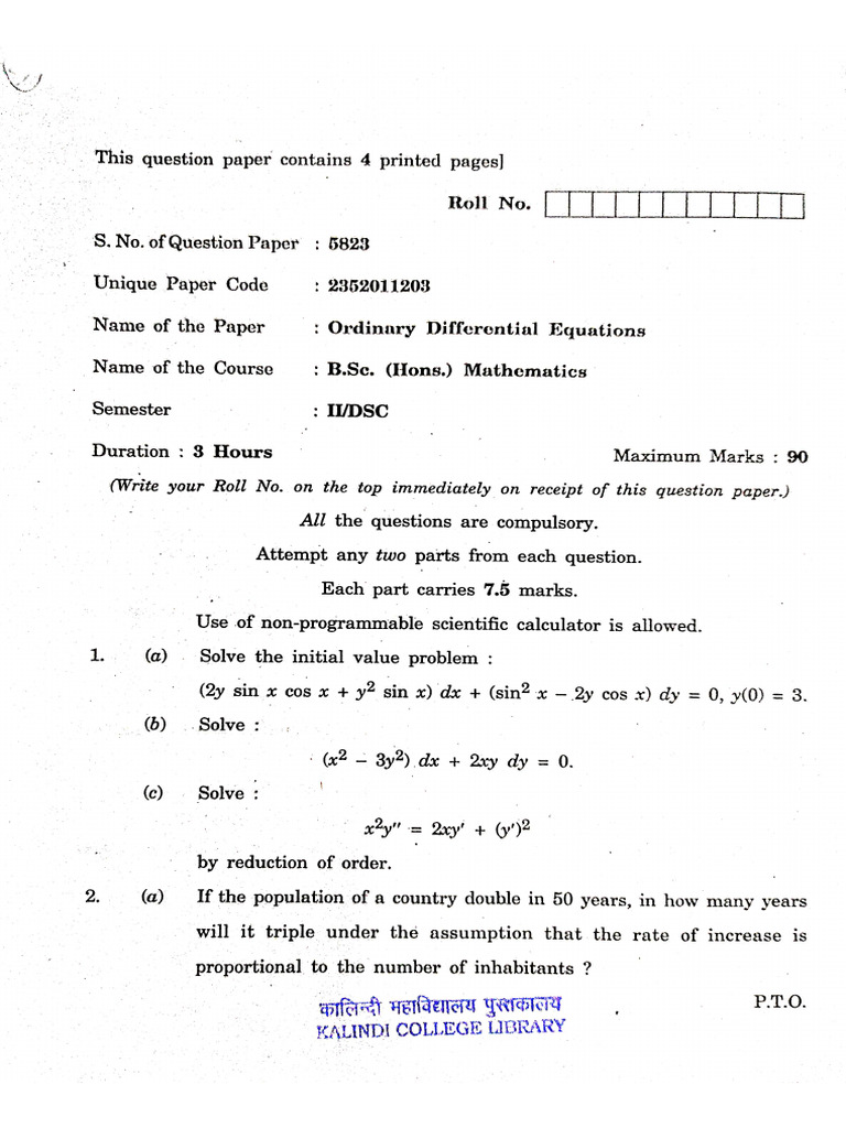 B.Sc. Mathematics: Differential Equations Exam | PDF | Radioactive ...