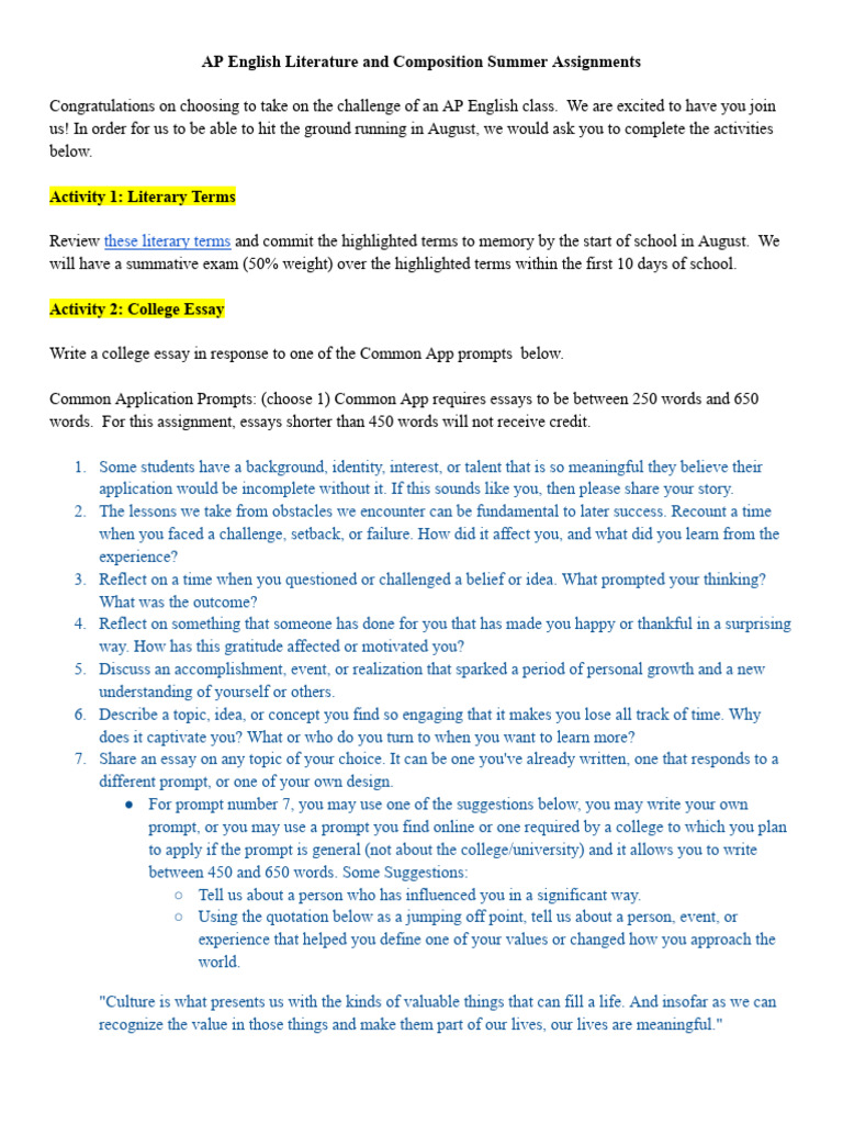 AP English Literature Summer Assignments | PDF | Poetry | Essays