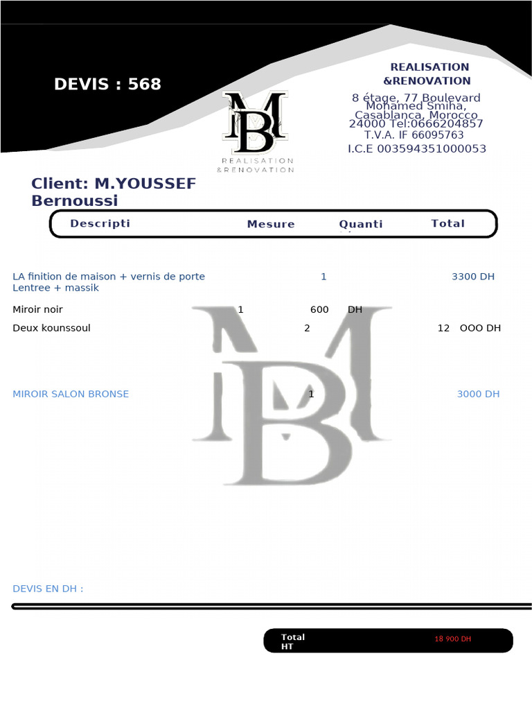 Devis de rénovation pour M. Youssef à Casablanca | PDF