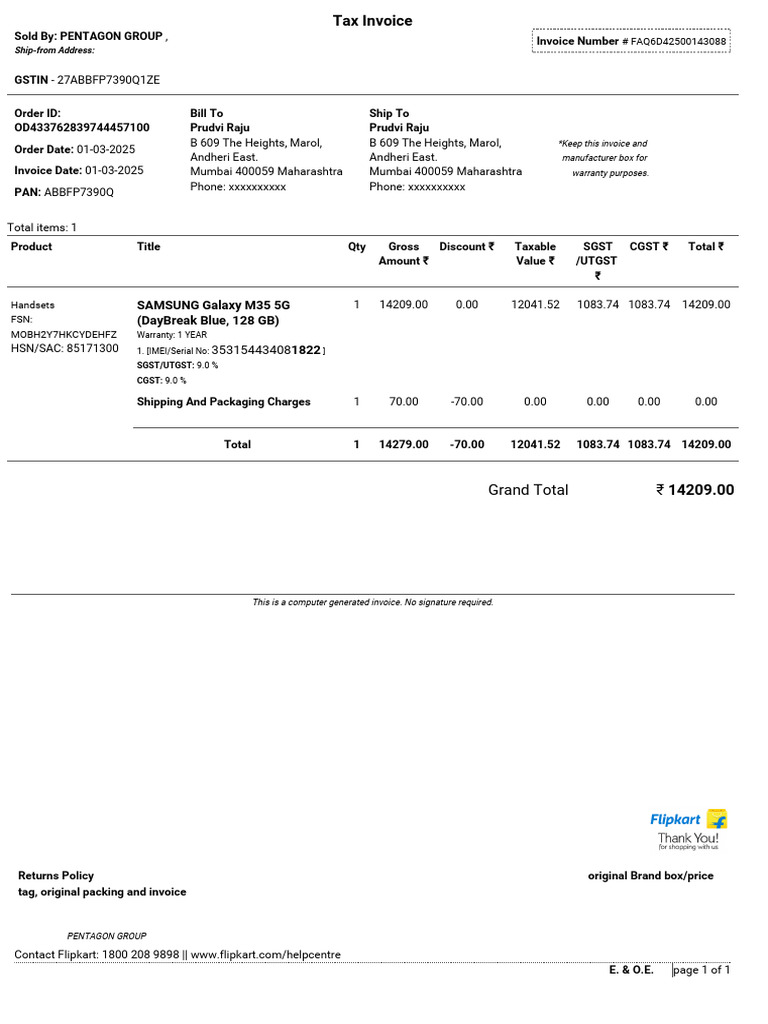 Samsung Galaxy M35 Invoice Details | PDF