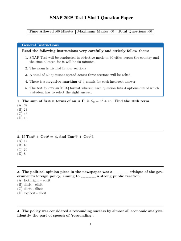 SNAP 2025 Slot 1 Question Paper 516dd9f871b8ab0cd3e310220bf25efd | PDF ...