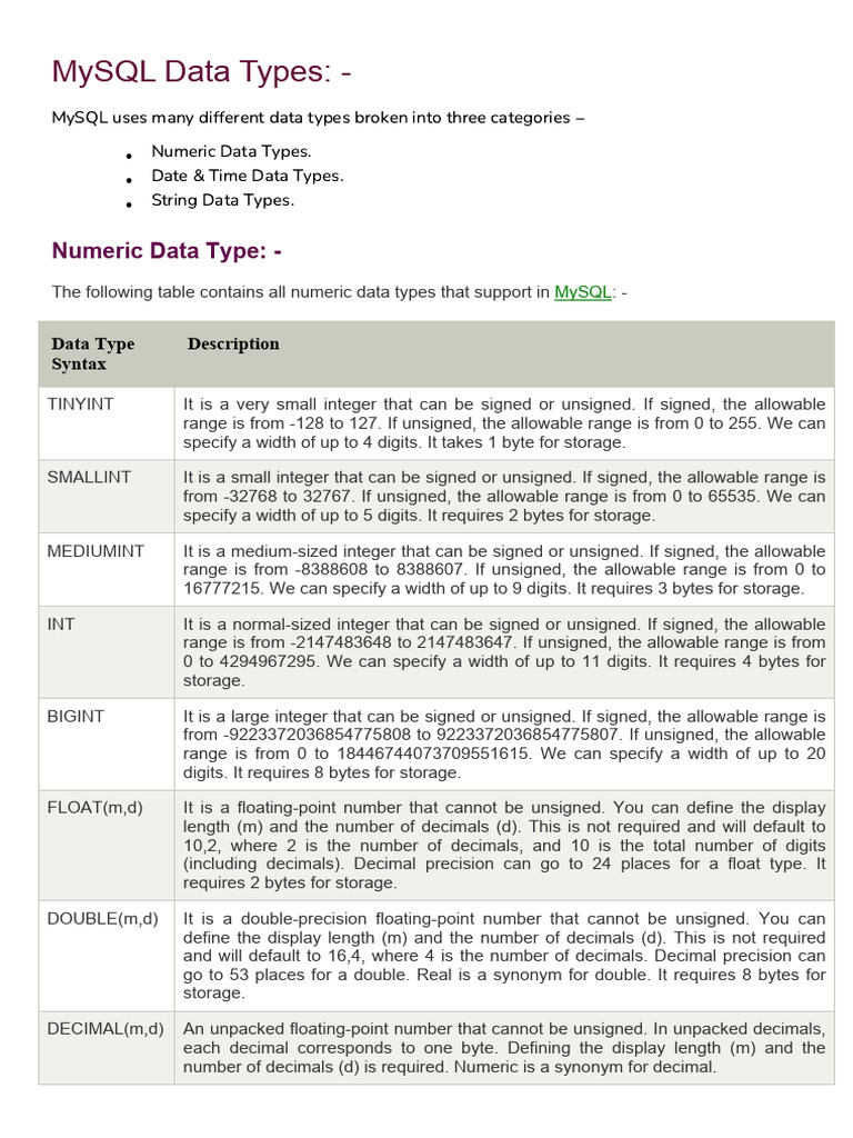 MySQL Data Types Overview Guide | PDF | Boolean Data Type | Integer ...