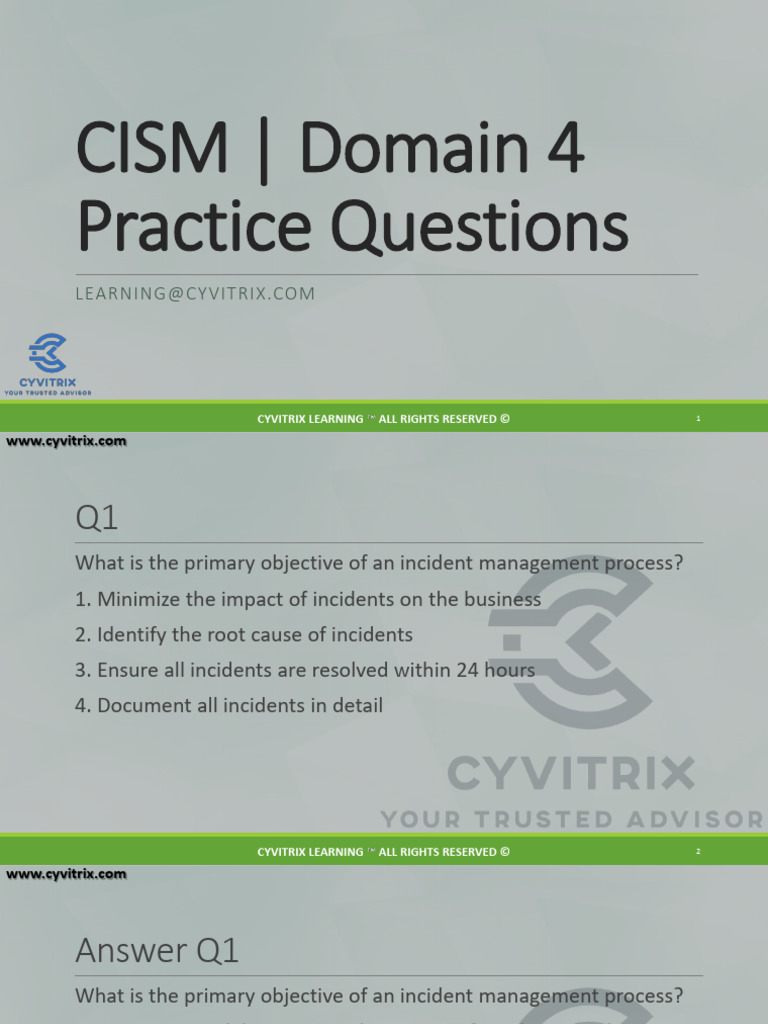 CISM+Domain+4+Questions++ +Cyvitrix+Learning+ +240725 | PDF | Digital ...