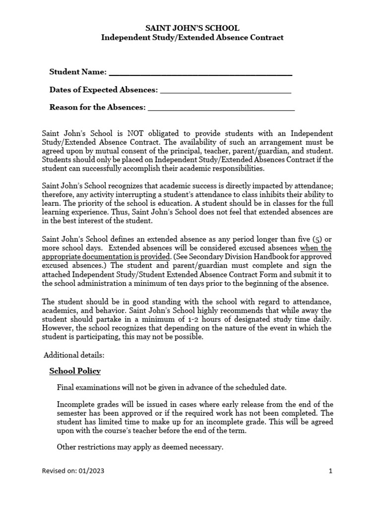 Independent Study - Extended Absence Contract - Rev. 2023 | PDF | Teachers