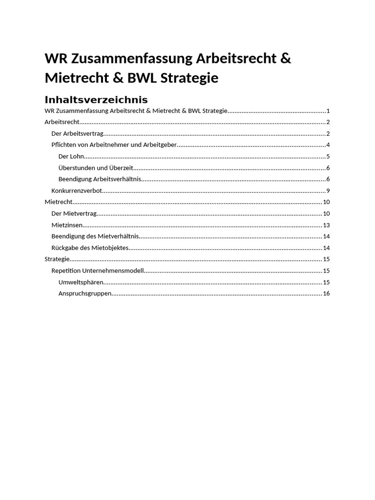 WR Zusammenfassung Arbeitsrecht & Mietrecht & BWL Strategie | PDF