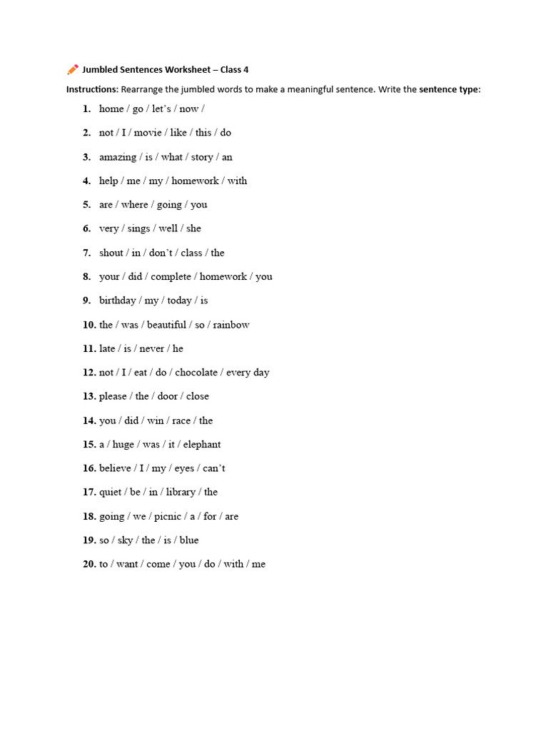Jumbled Sentences Worksheet for Class 4 | PDF